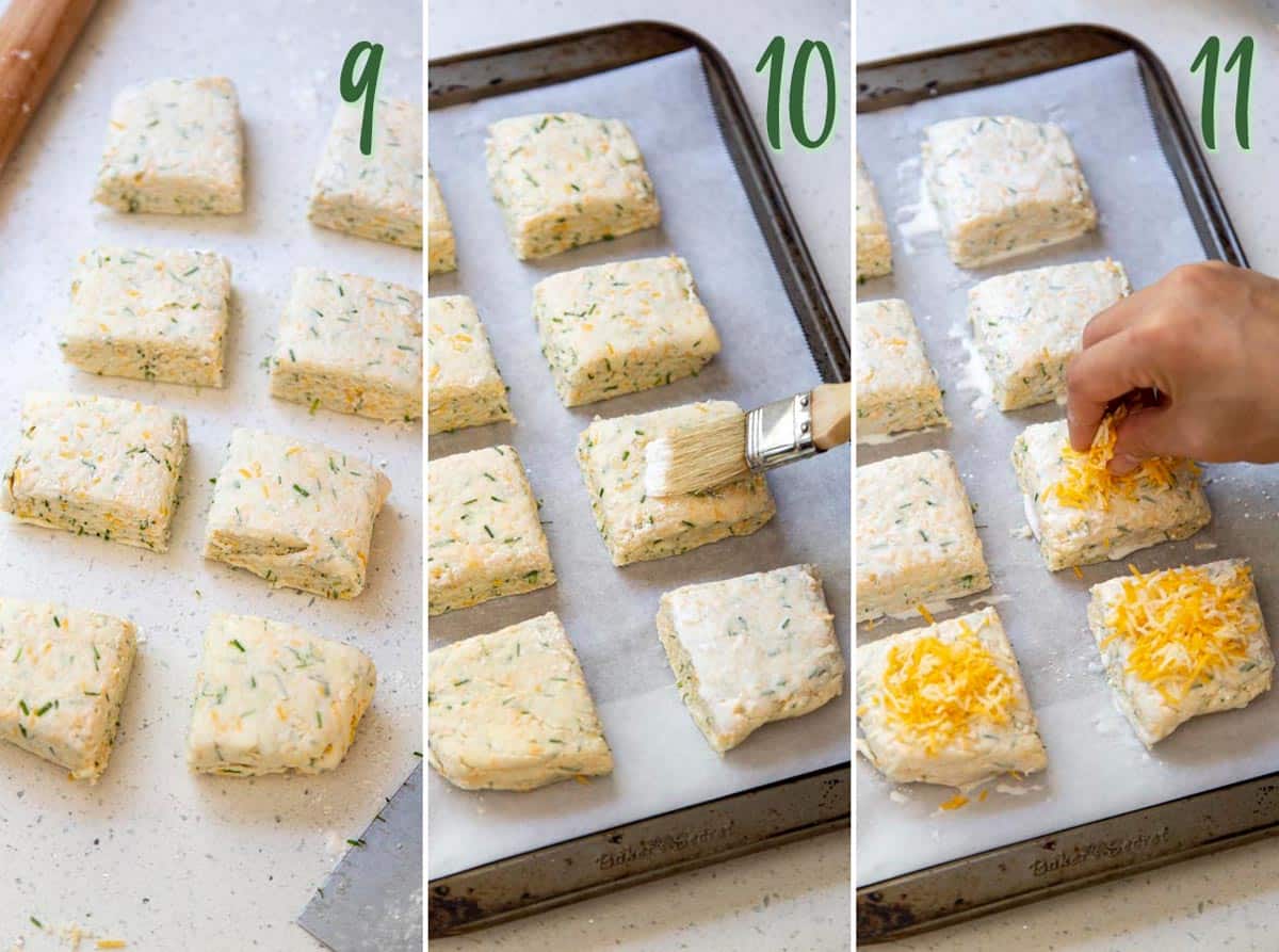 Flaky and Fluffy Cheese Biscuits with Chives Collage of 3 photos showing cut biscuits being prepared for baking.