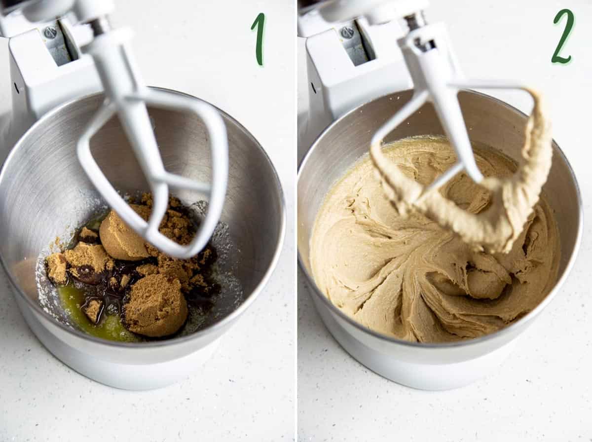 Collage of 2 photos showing sugar is beaten with butter.