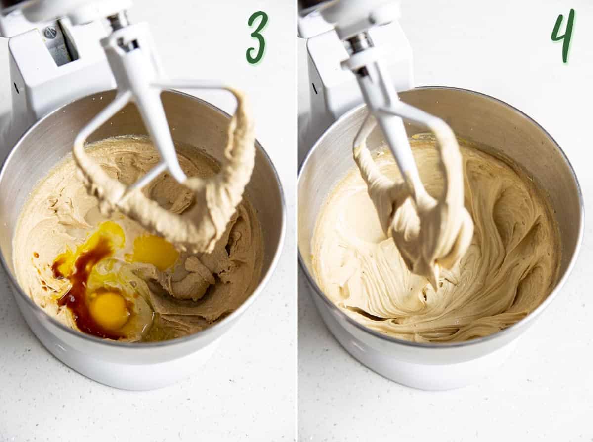 Collage of 2 photos showing the wet ingredients are beaten until fluffy.