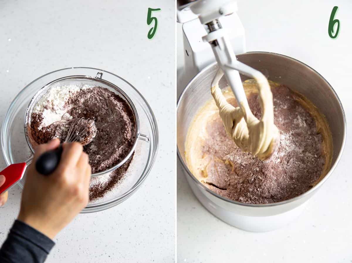 Collage of 2 photos showing dry ingredients are sifted and added to wet ingredients.