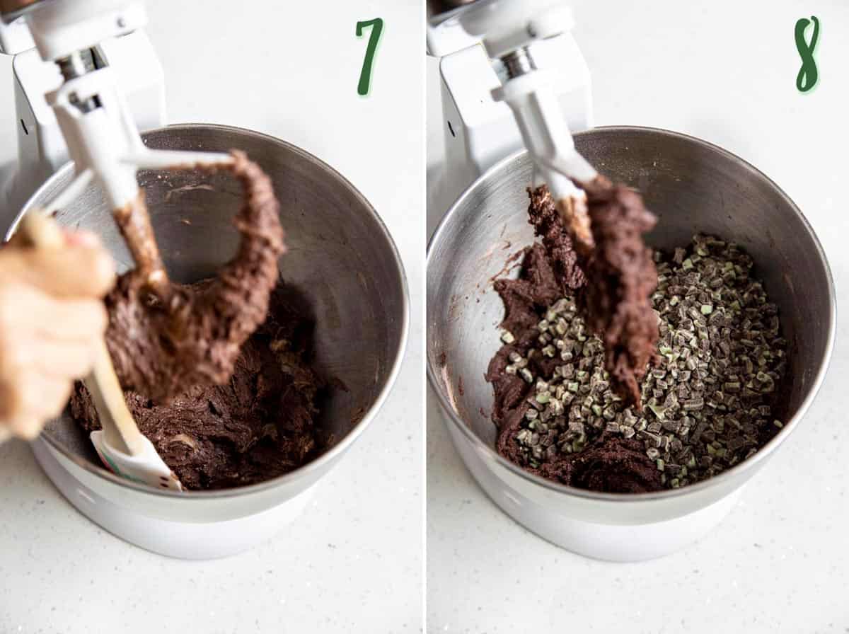 Collage of 2 photos showing chocolate cookies dough coming together and mint chips are added.