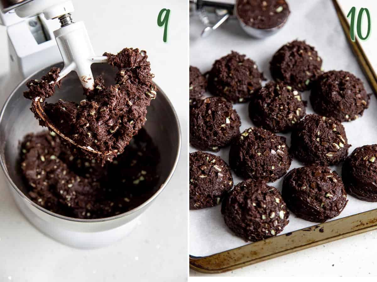Collage of 2 photos showing chocolate mint chip cookie dough being divided into balls.