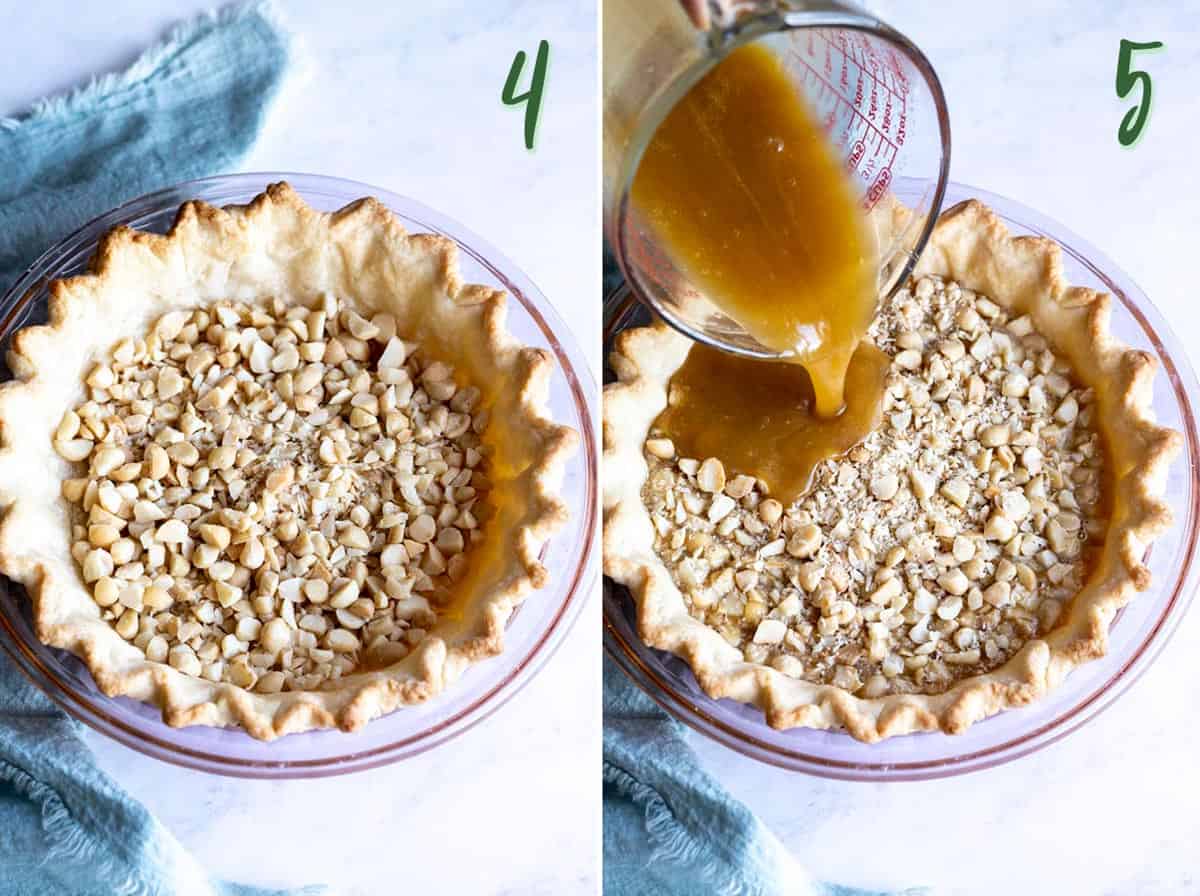 Collage of 2 photos showing how to fill the pie crust with chopped nuts and custard filling.