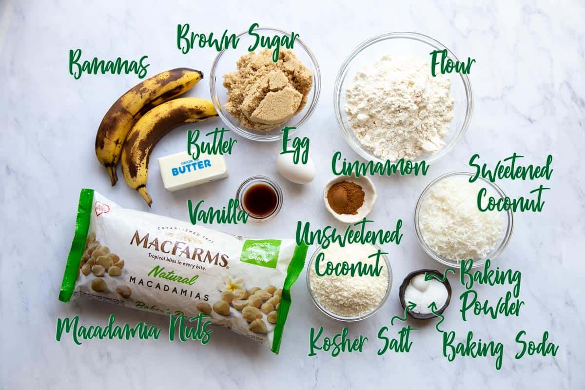 Ingredients for banana cookies with text overlay.