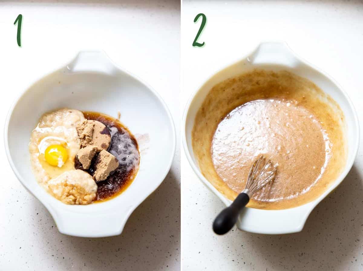 Collage of 2 photos mixing the wet ingredients in a mixing bowl.