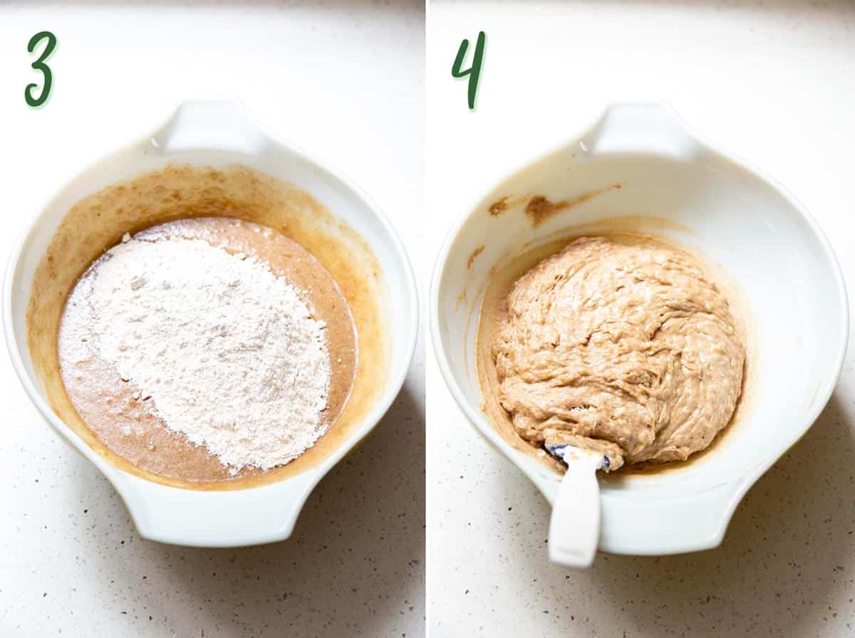 Collage of 2 photos adding dry ingredients into wet ingredients to form cookie dough.
