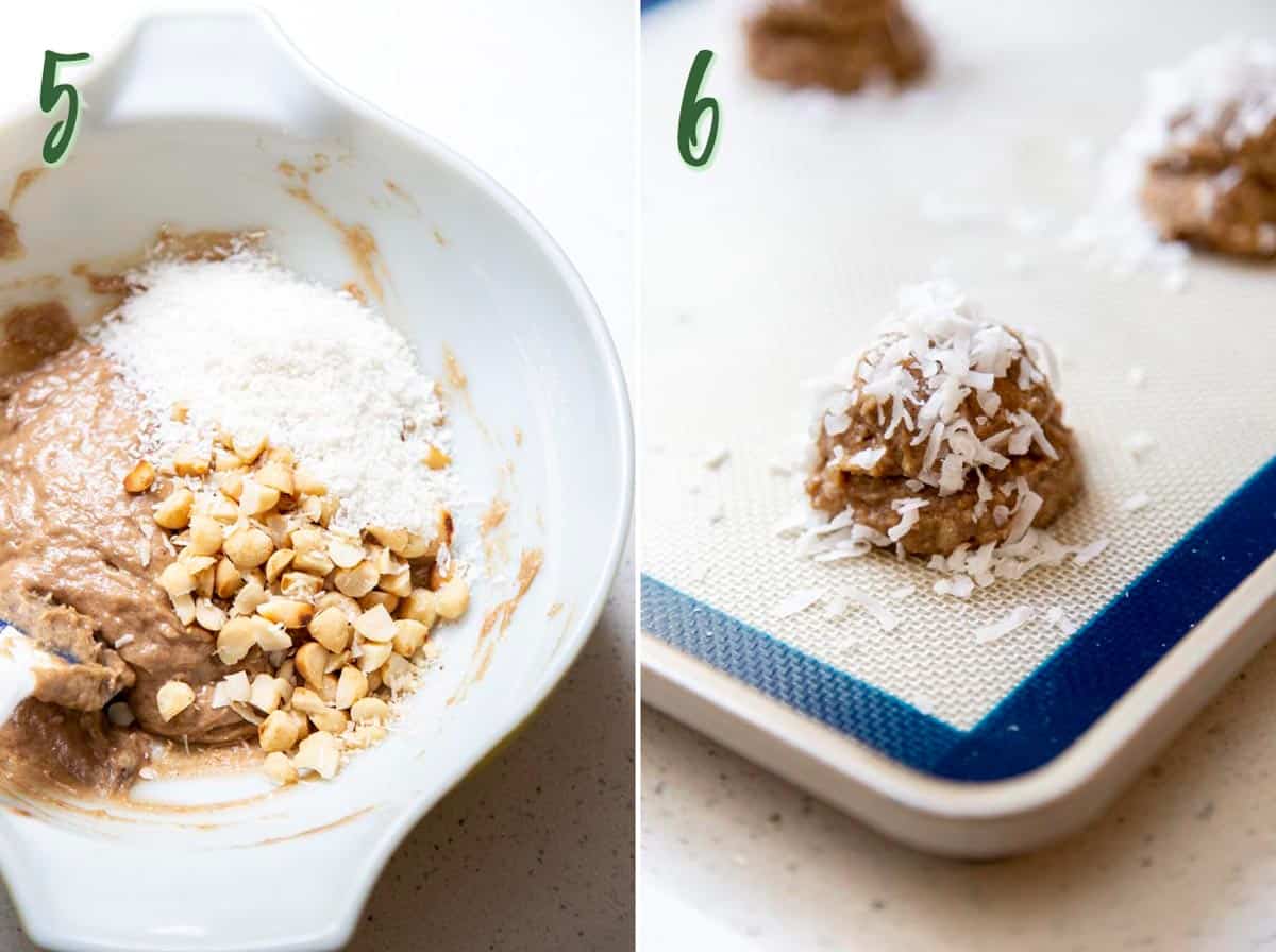 Collage of 2 photos showing fillings are mixed into the cookie dough and divided into dough balls.