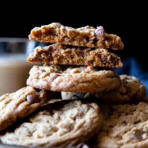 A stack of brown butter chocolate chip cookies.