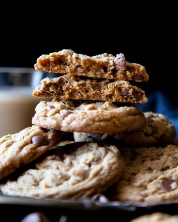 A stack of brown butter chocolate chip cookies.