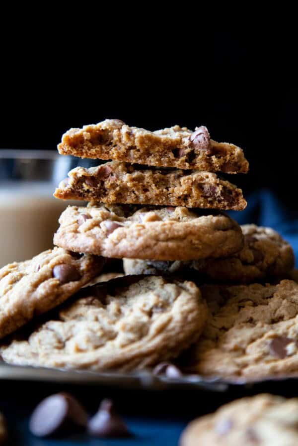A stack of brown butter chocolate chip cookies.