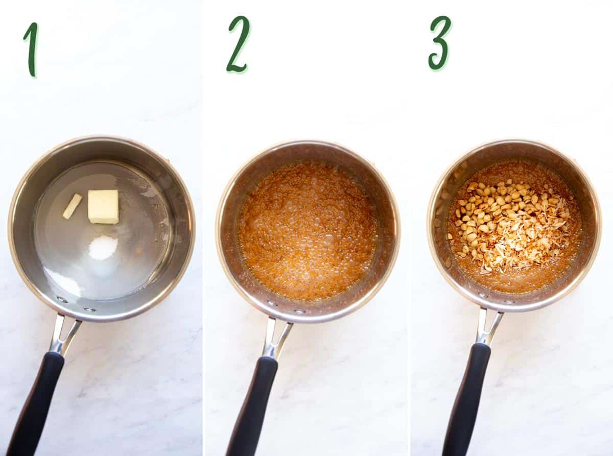 Collage of 3 photos showing how to make macadamia coconut brittle steps 1 - 3. 