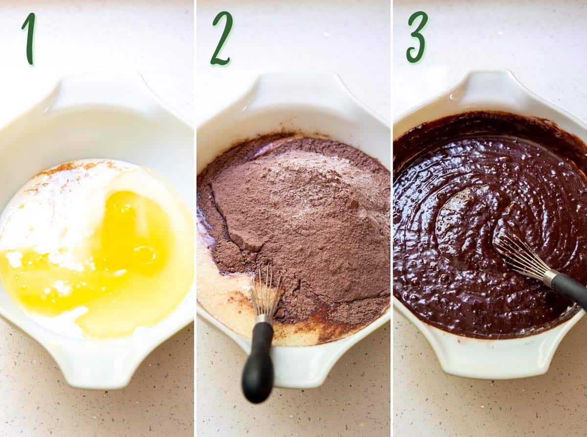 Collage of 3 photos showing how to make the chocolate cake batter