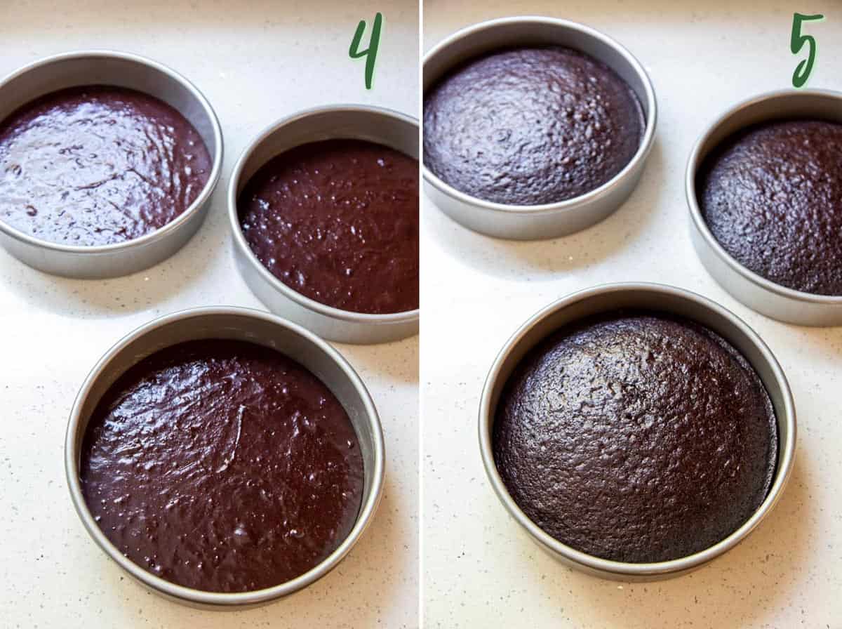 Collage of 2 photos showing the chocolate cake batter before and after baking.