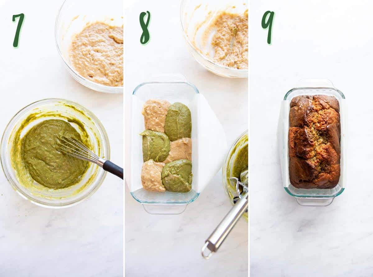Collage of 3 photos showing banana bread batter mixed with matcha powder and added to a loaf pan to be baked.