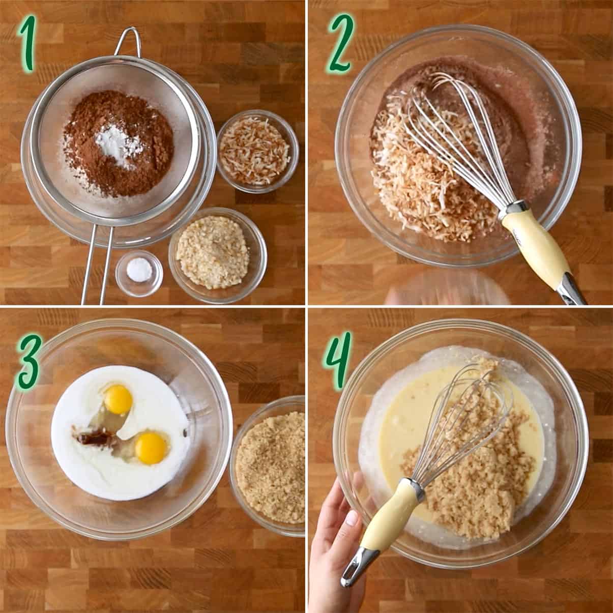 Collage of 4 photos showing how to mix dry and wet ingredients for the cupcake batter.