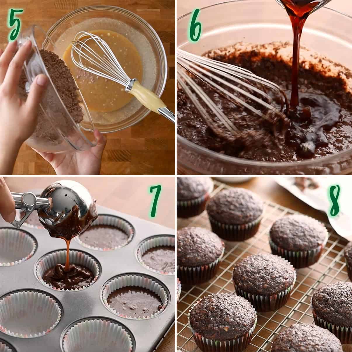 Collage of 4 photos showing the cupcake batter being made, divided and baked.