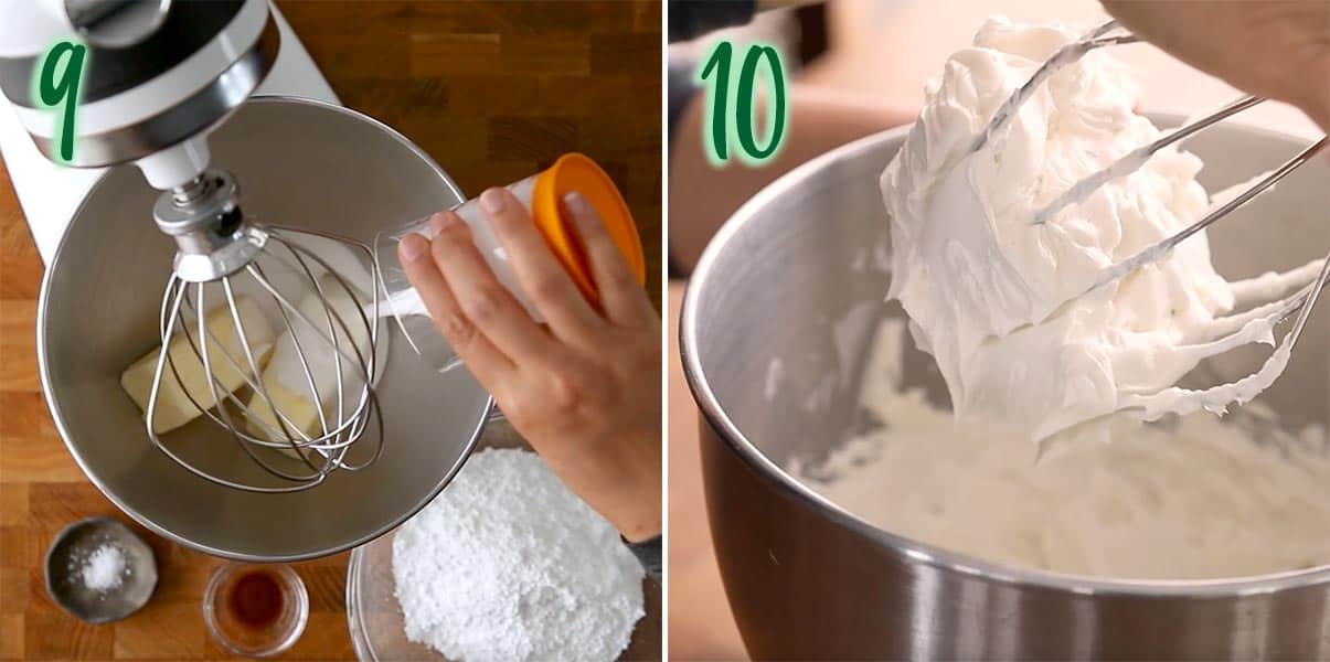 Collage of 2 photos showing how to make coconut buttercream frosting.