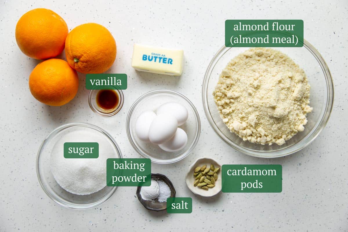 Ingredients for flourless orange cake.