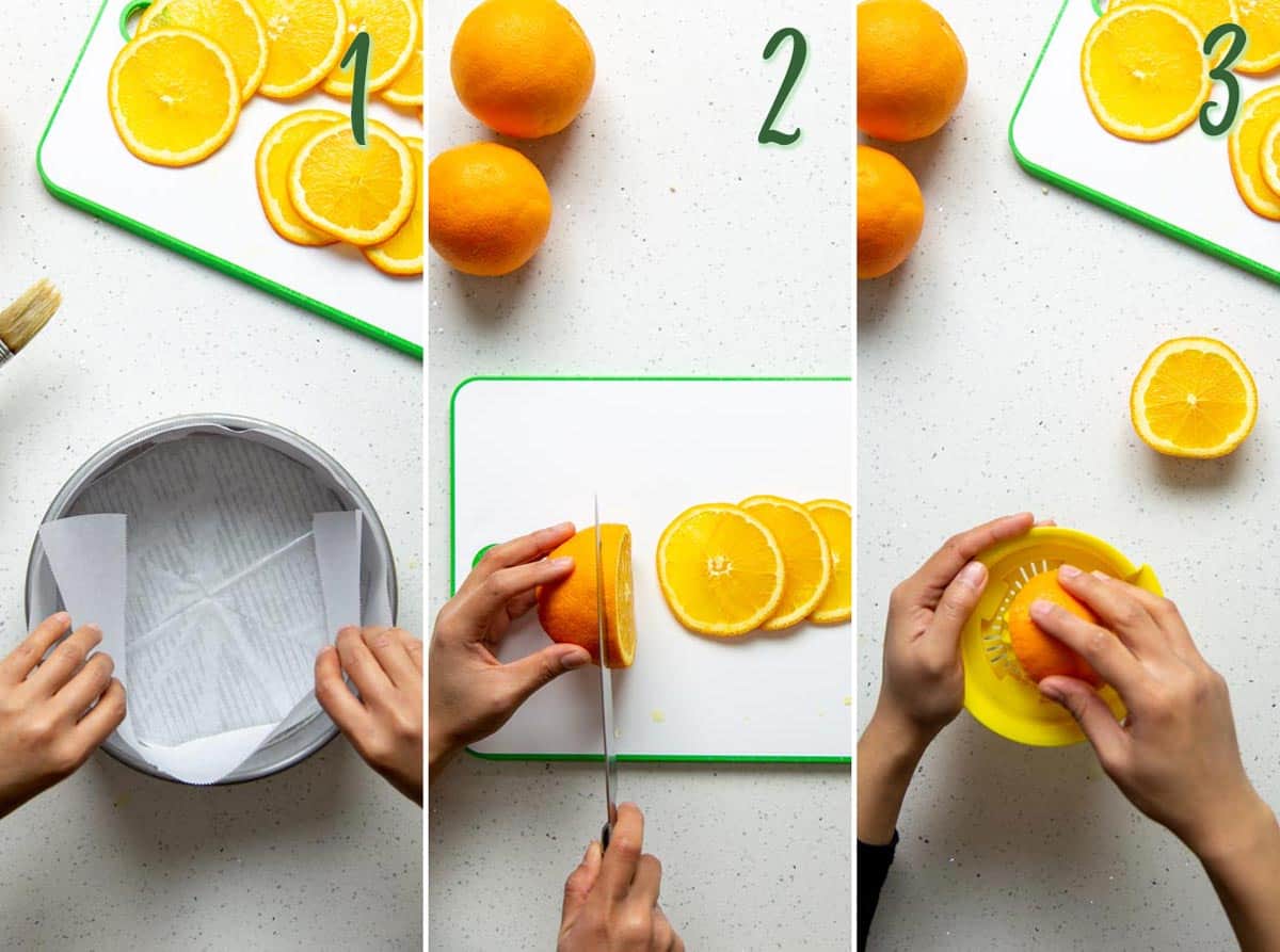 Collage of 3 photos: lining cake pan, cutting orange, juicing orange.