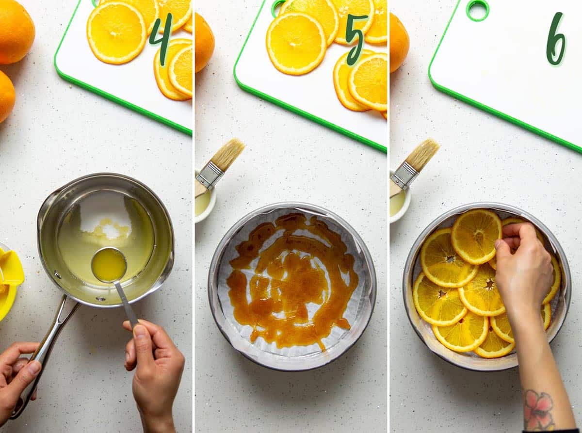 Collage of 3 photos: adding orange juice to sugar, caramelized sugar in cake pan, adding orange slices.