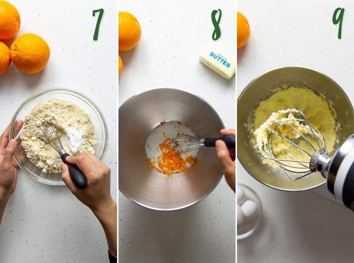Collage of 3 photos: mix dry ingredients, mix orange zest with sugar, beat butter with sugar.