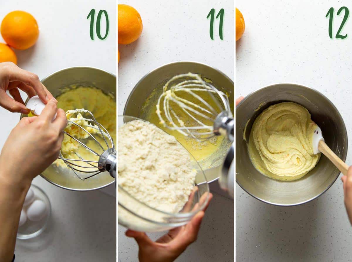 Collage of 3 photos: adding egg to beaten butter, adding dry to wet ingredients, scraping the batter. 