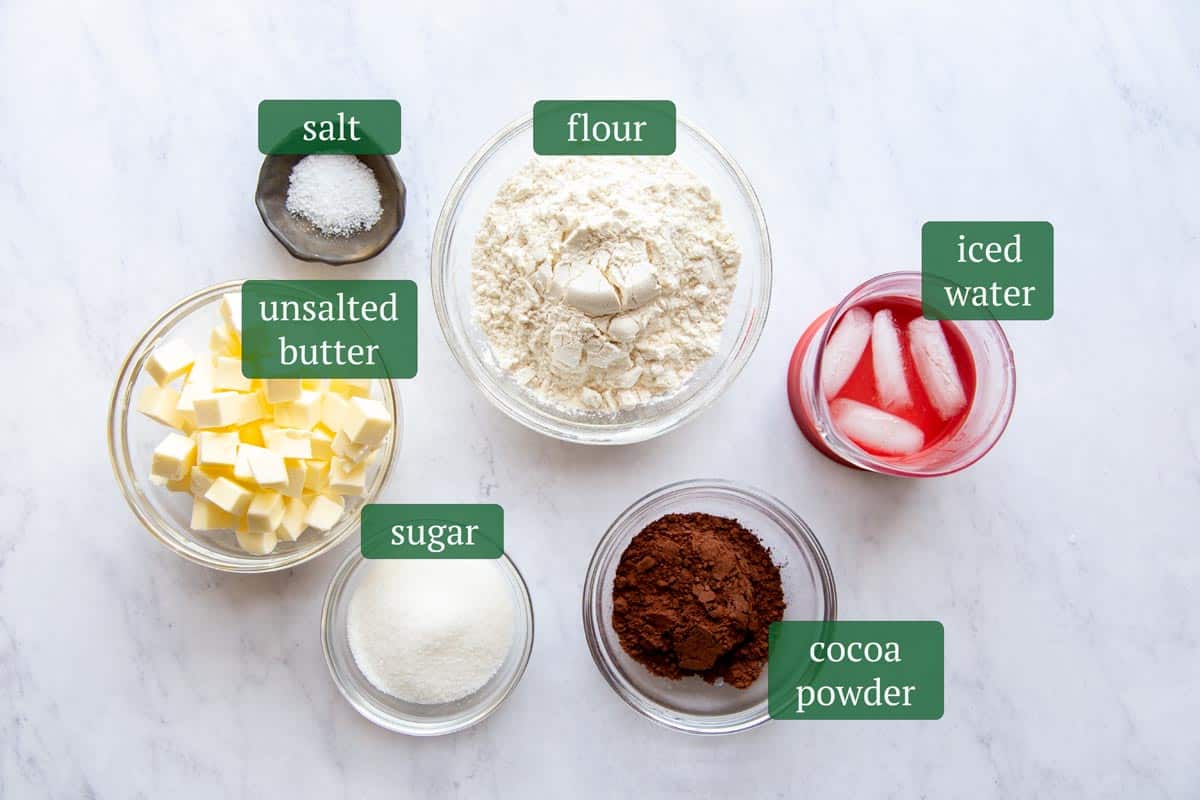 Ingredients for chocolate pie dough. Ingredients for chocolate pie dough.