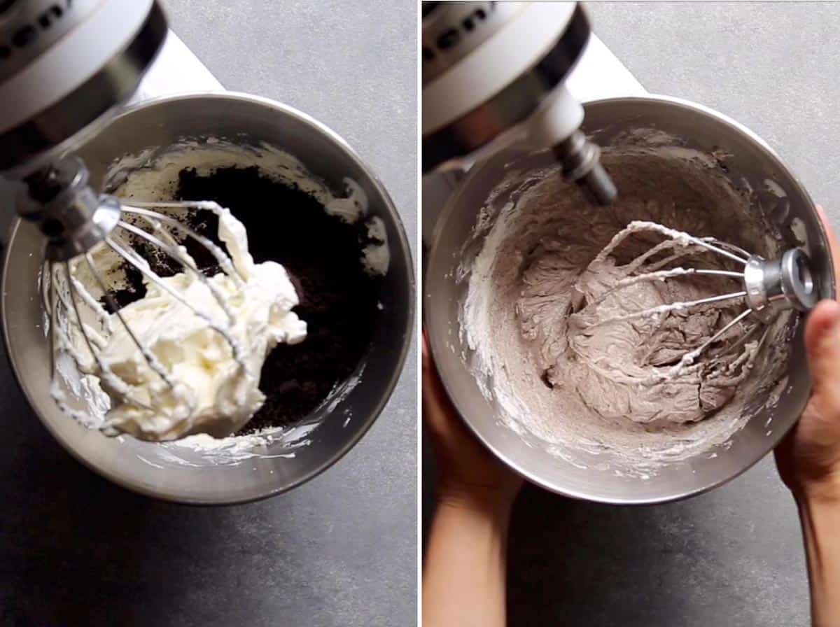 Stirring whipped cream, cream cheese and Oreo crumbs together.