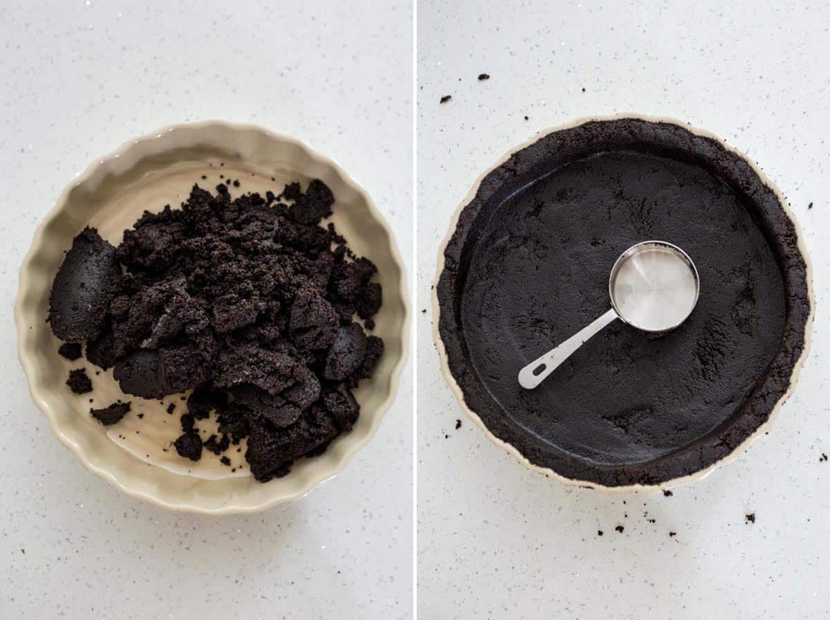Collage of 2 photos showing how to form Oreo pie crust in a tart pan.