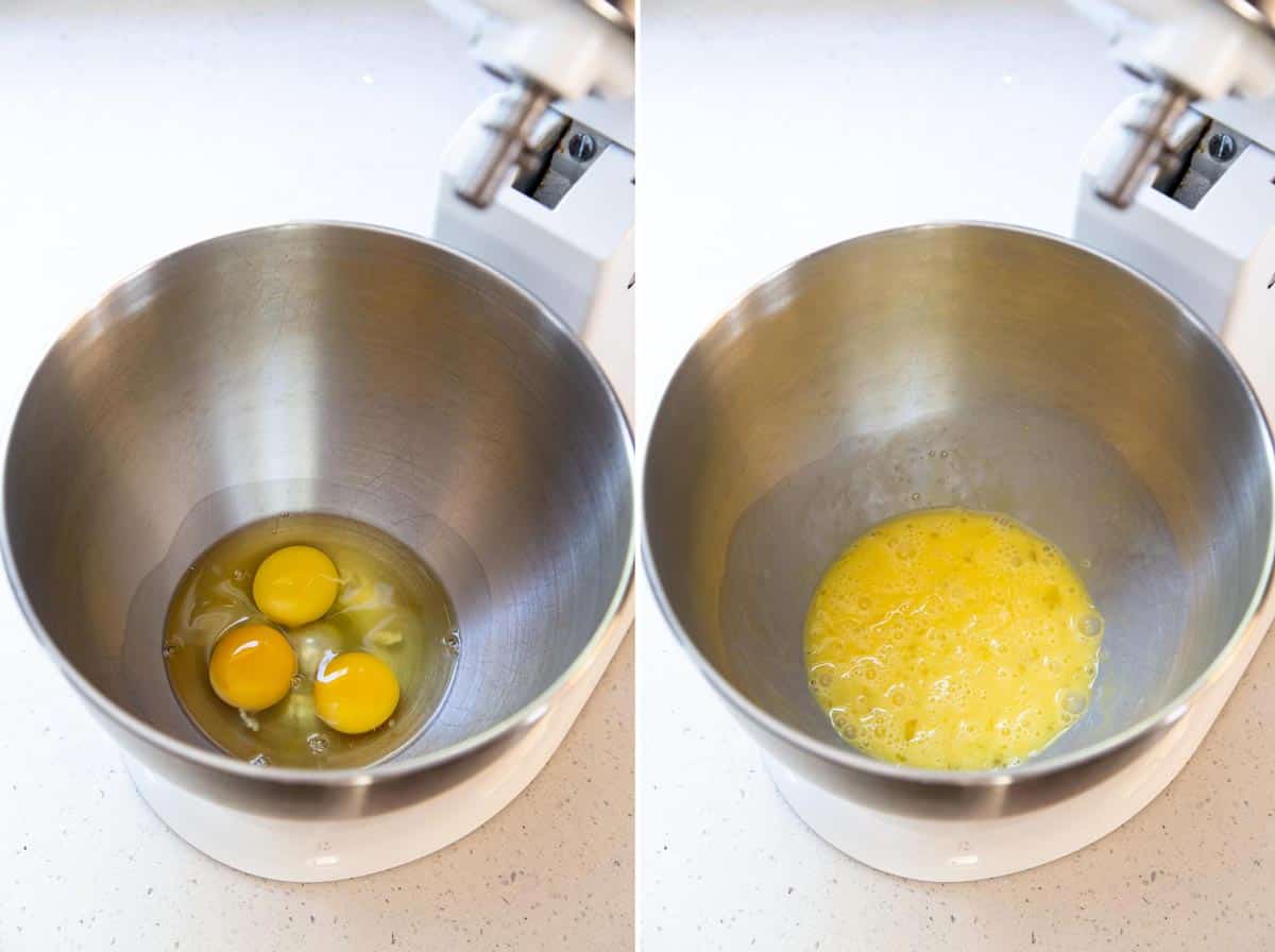 Eggs in a stand mixer bowl.