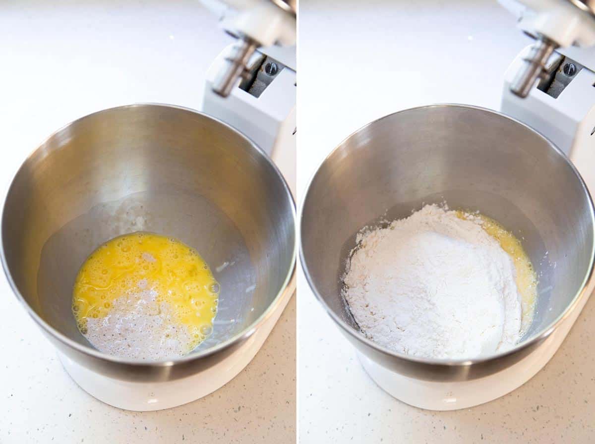 Bloomed yeast is added to the beaten egg, then flour mixture.