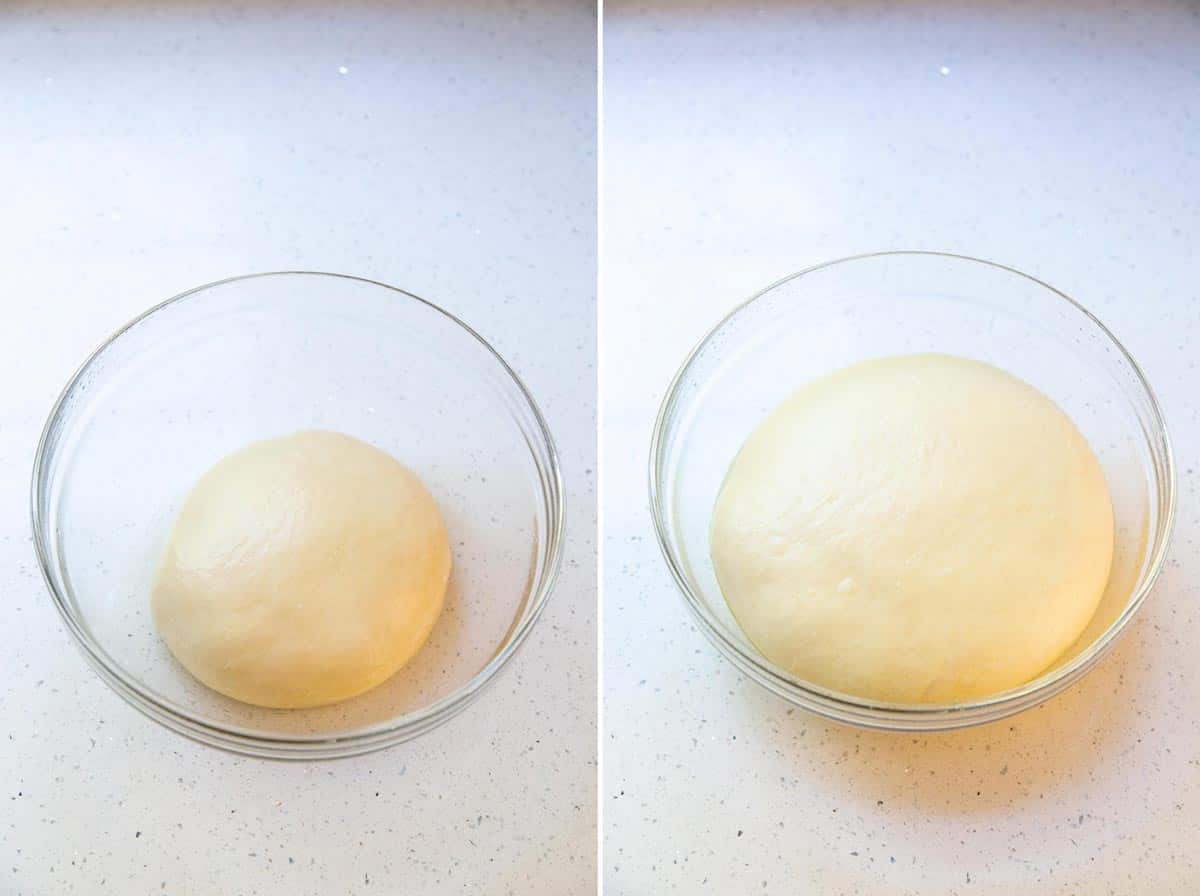 Brioche dough rising in a glass bowl.