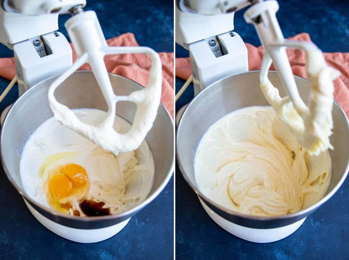 Eggs and vanilla are added to the butter mixture and beaten until fluffy. 