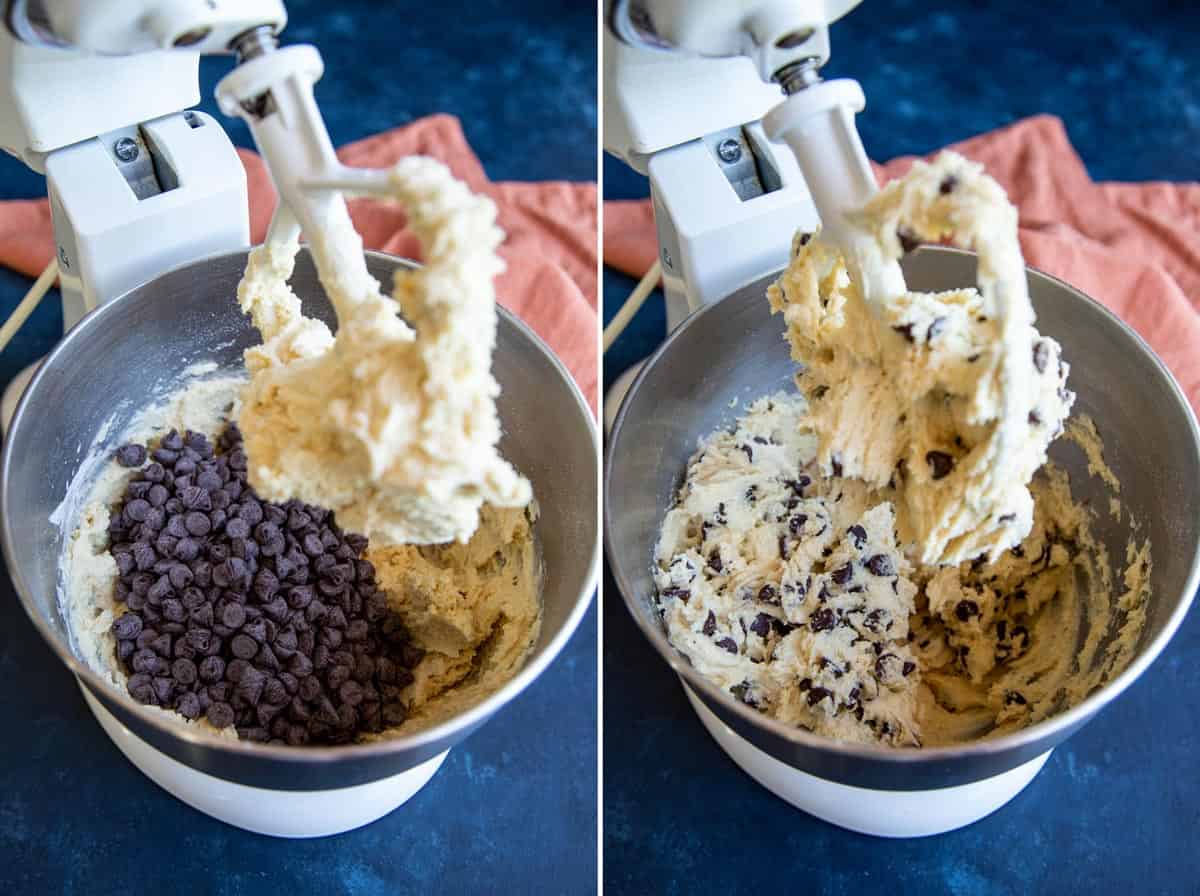 Chocolate chips are stirred into the cookie dough.