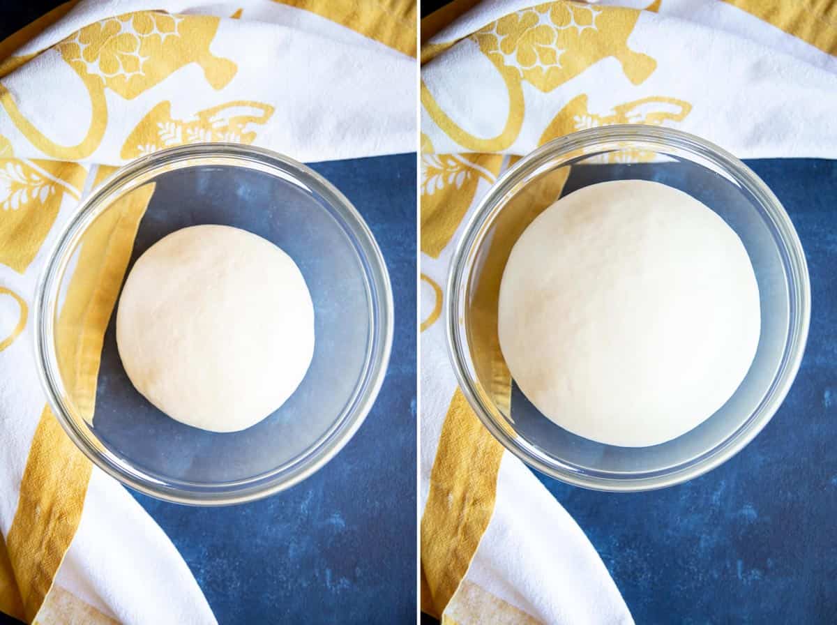 Collage of 2 photos showing milk bread dough rising in a glass bowl.