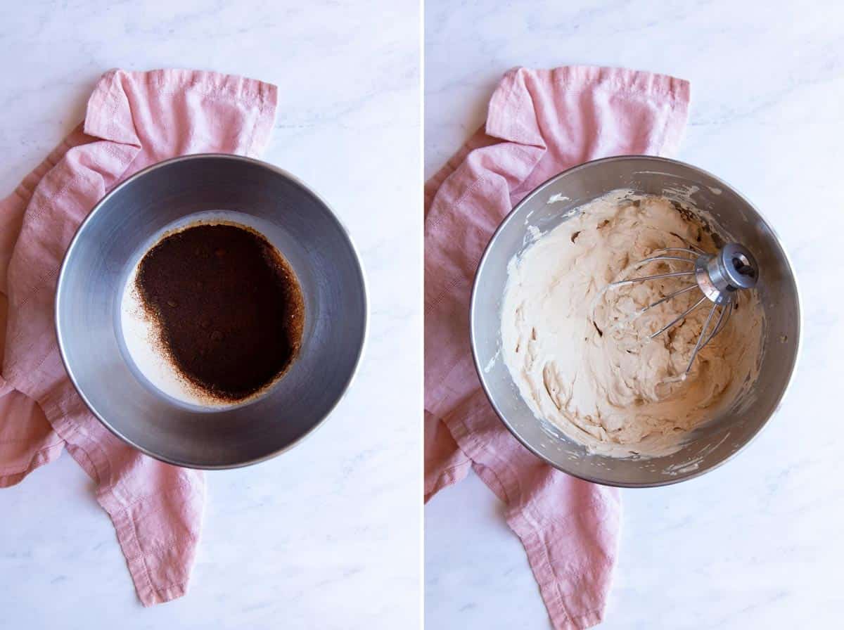 Mixing instant espresso and heavy cream to make coffee whipped cream.