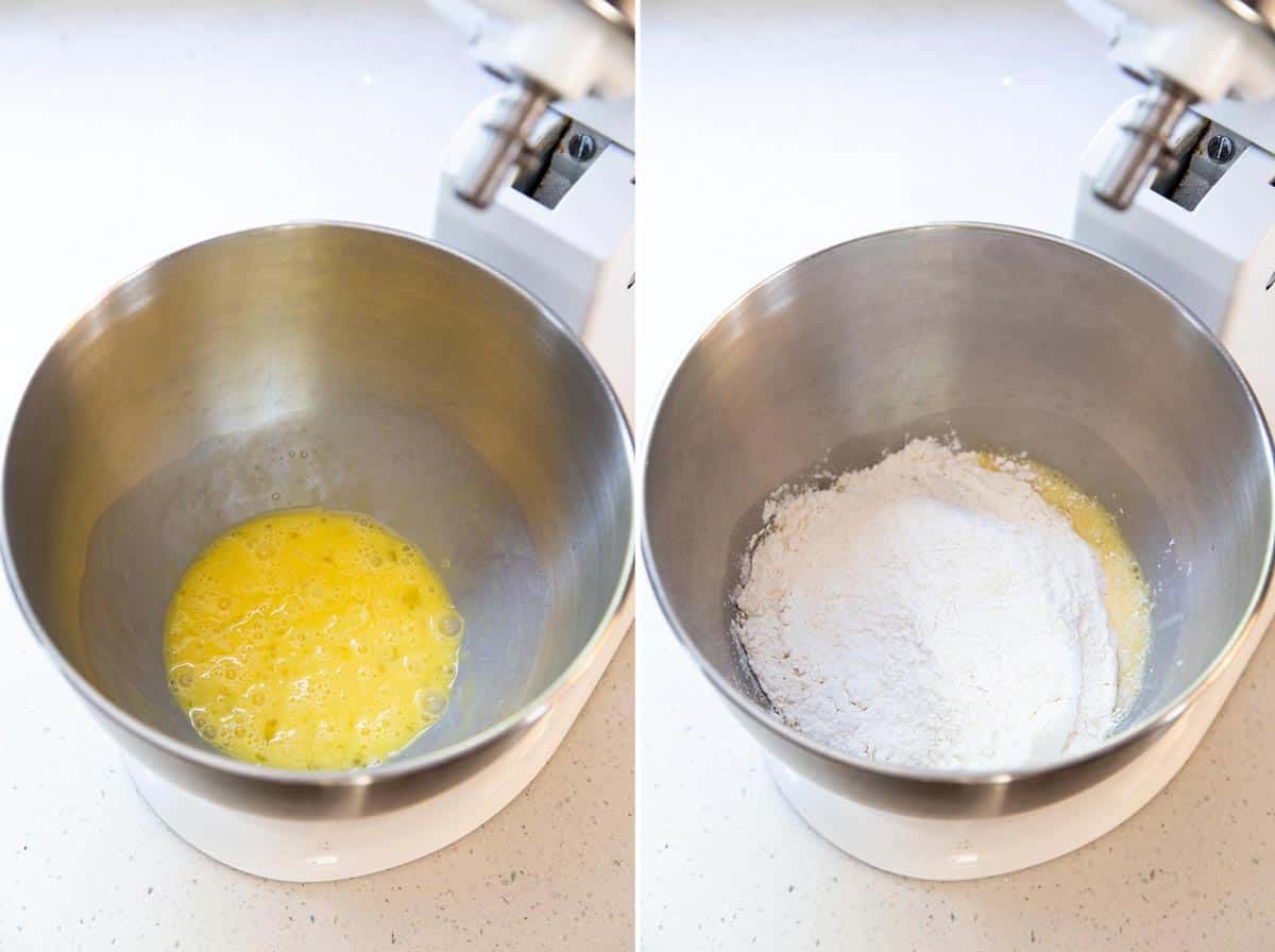 Wet and dry ingredients are added to a stand mixer bowl.