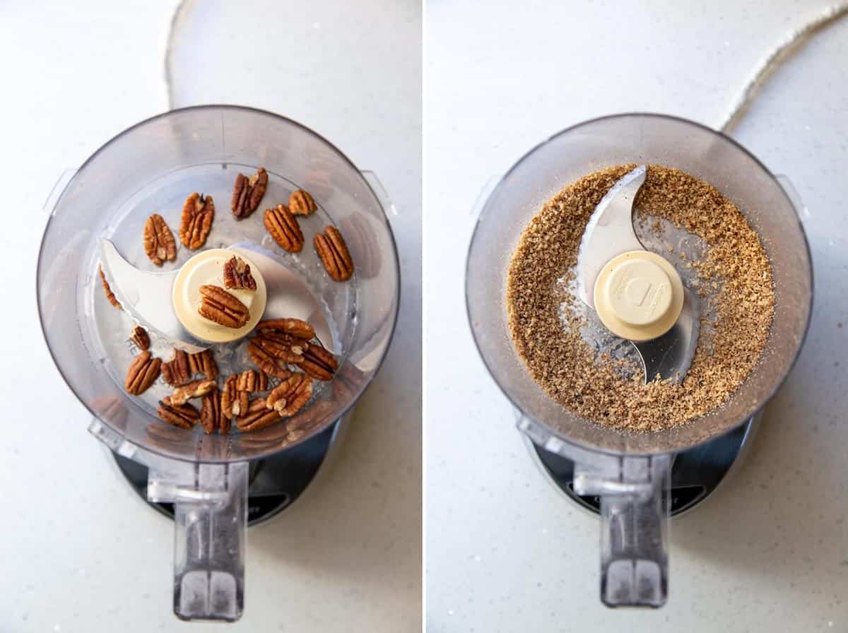 Pecans being grounded in a food processor.