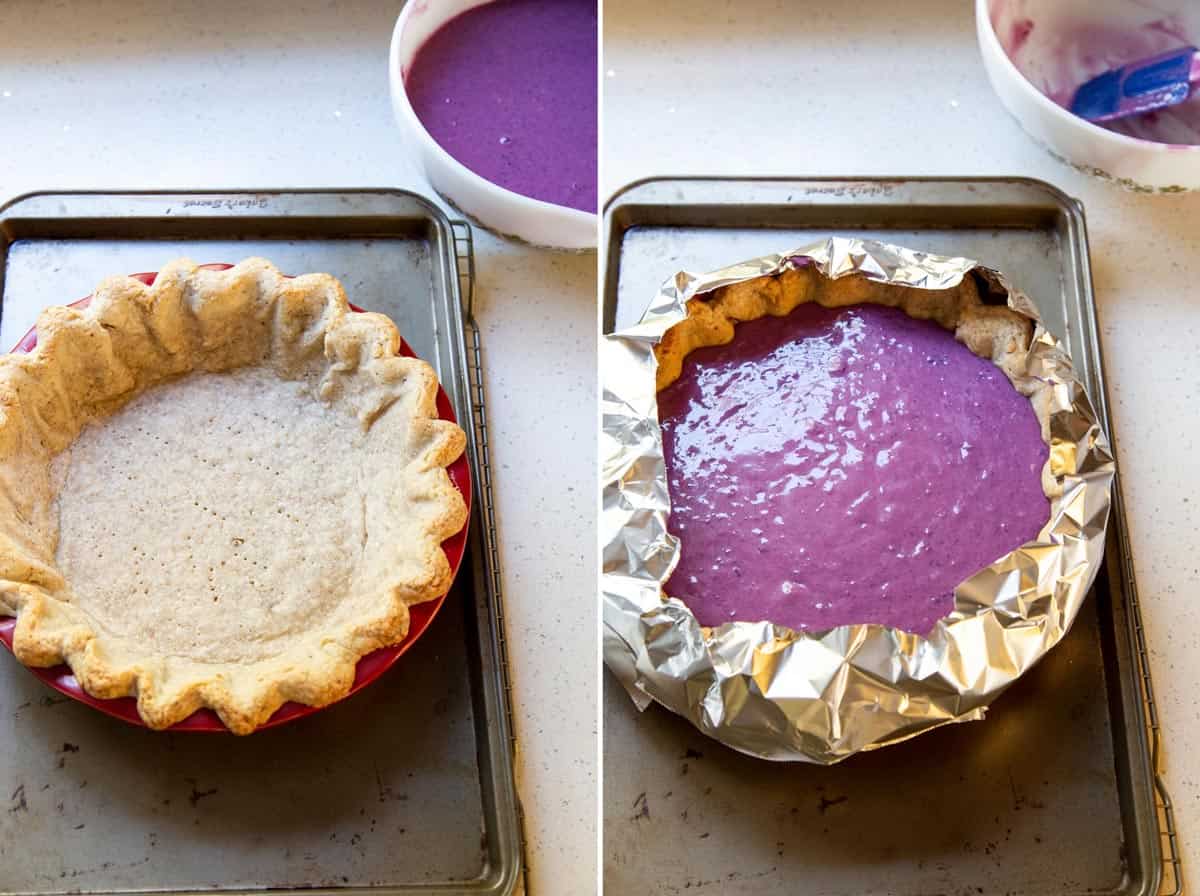 Adding pie filling to par-baked crust.