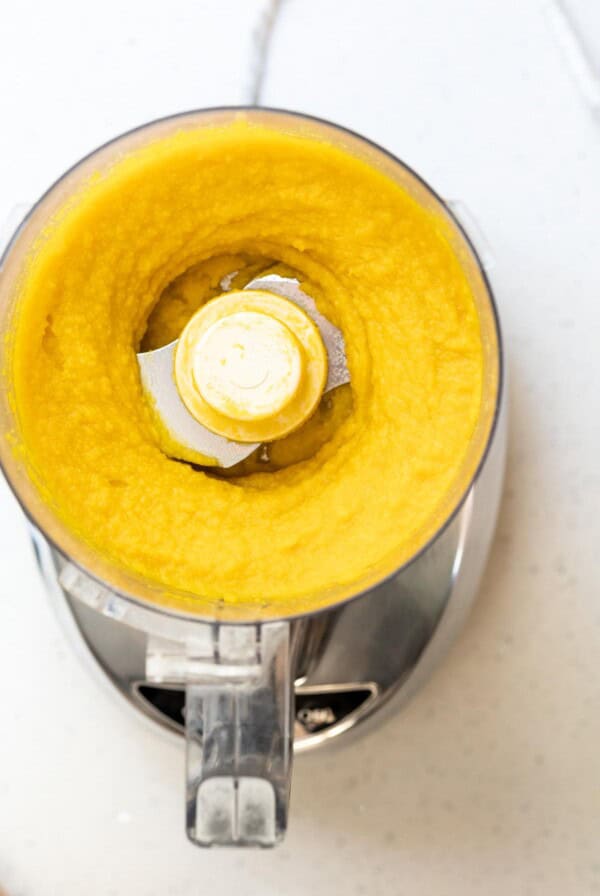 Kabocha pumpkin puree in a food processor.