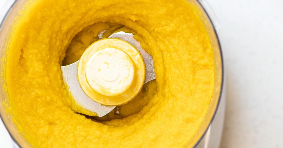 Kabocha pumpkin puree in a food processor.