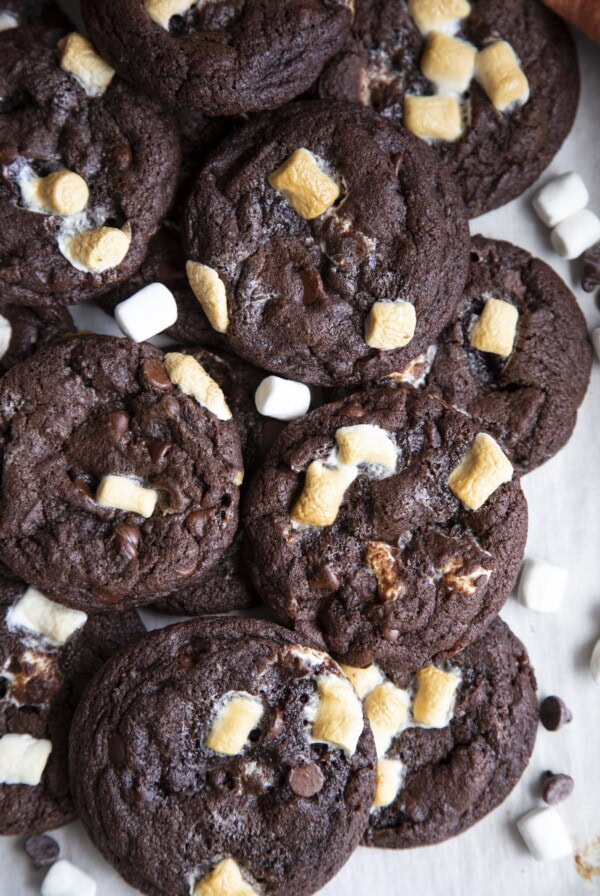 Chocolate marshmallow cookies piled on top of each other.