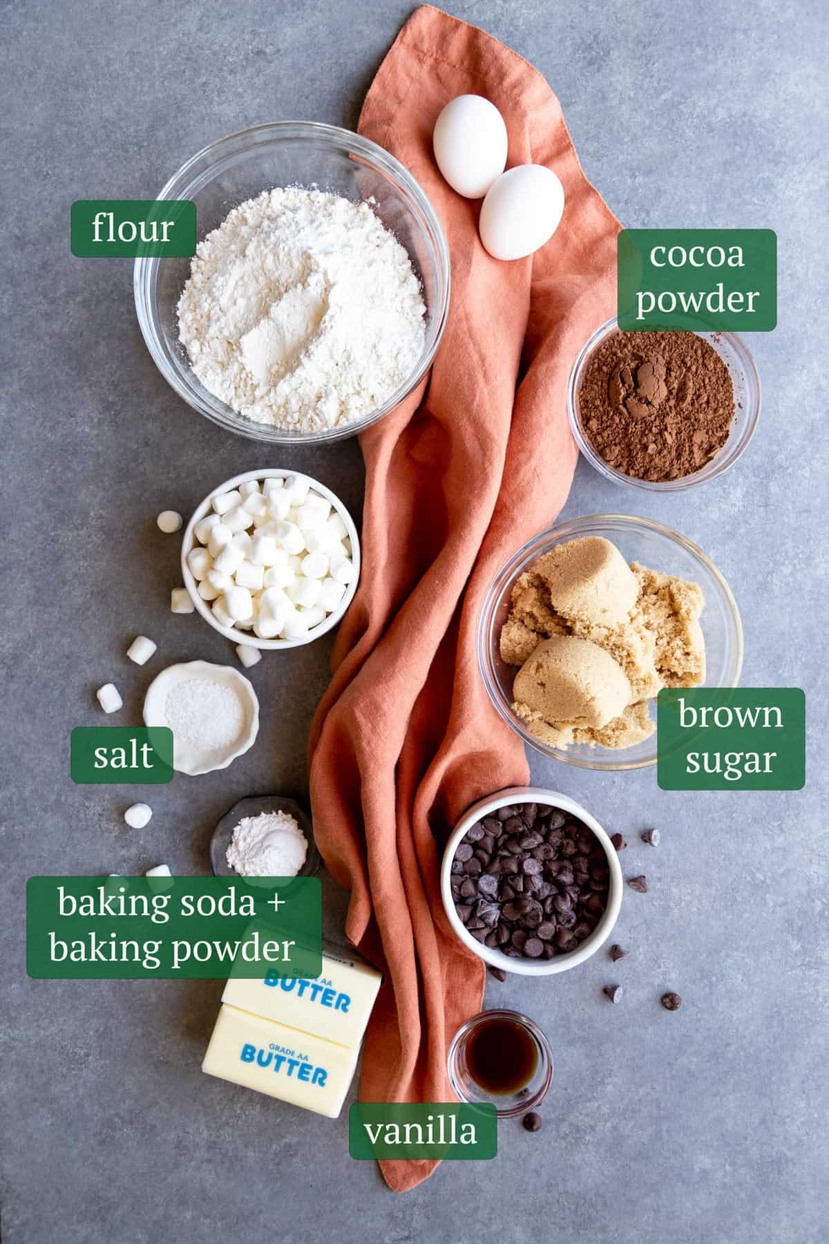 Ingredients for chocolate marshmallow cookies.
