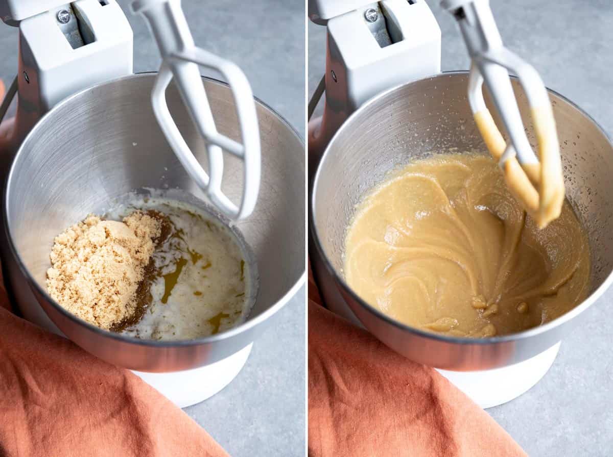 Sugar and butter beaten together in a stand mixer.