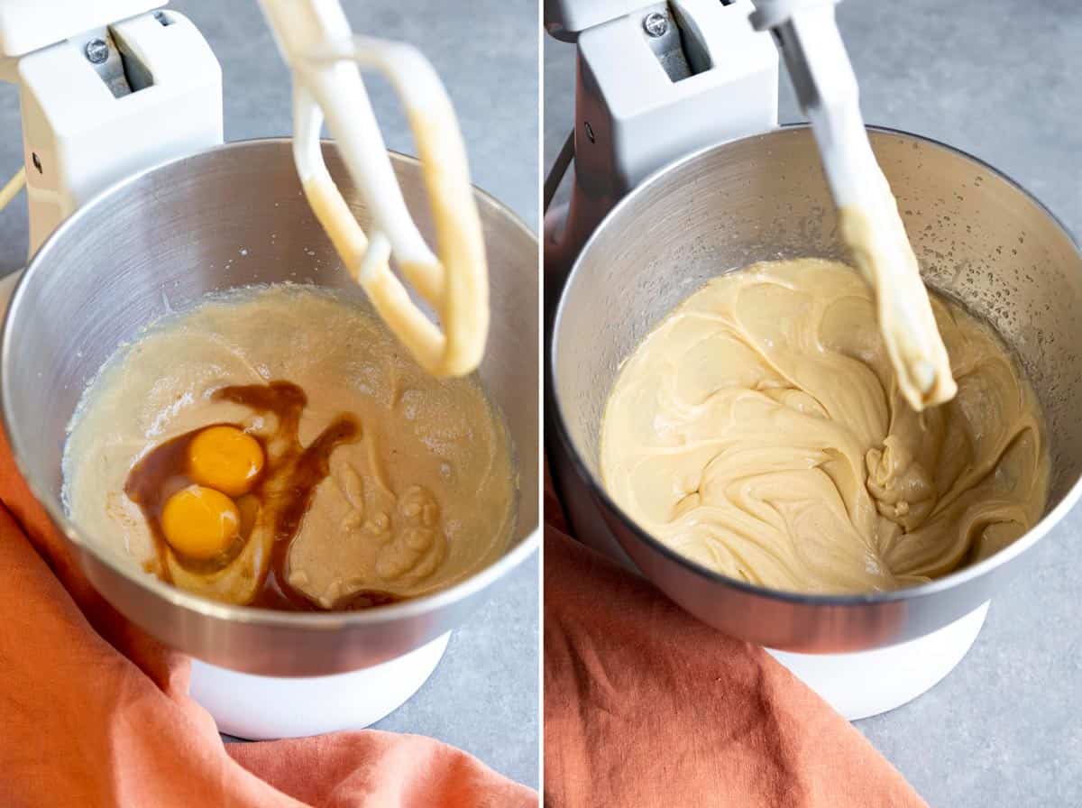 Eggs are added to the butter mixture and beaten.