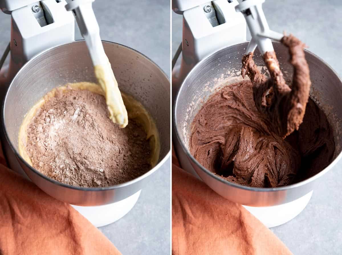 Dry ingredients are added to make chocolate cookie dough.