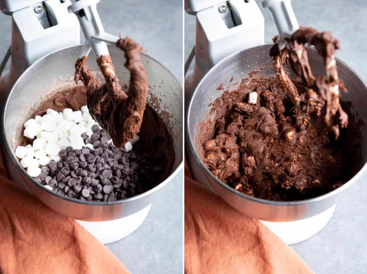Chocolate chips and marshmallows are added to the dough.