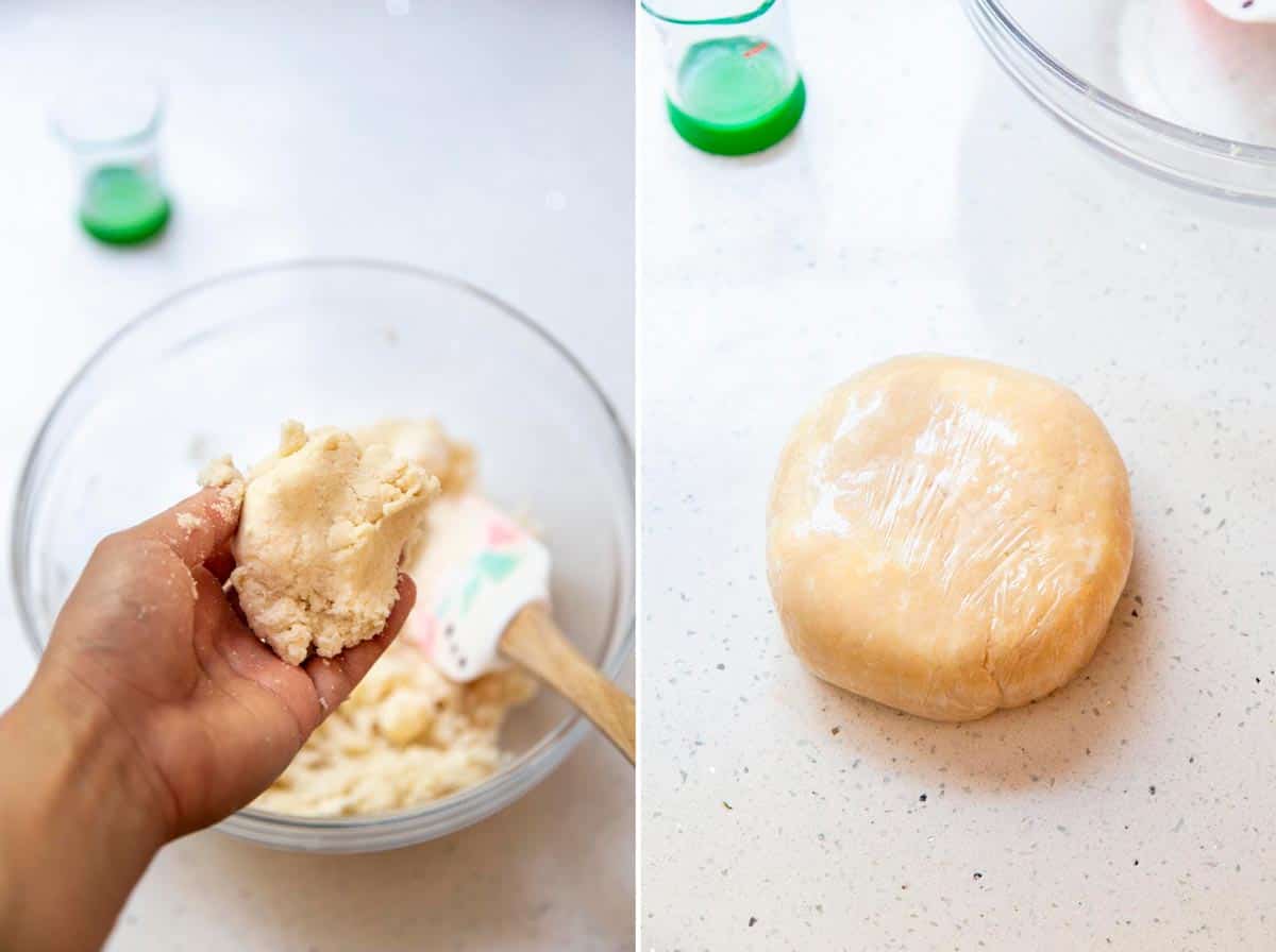 Making pie dough and shaping it into a disk.