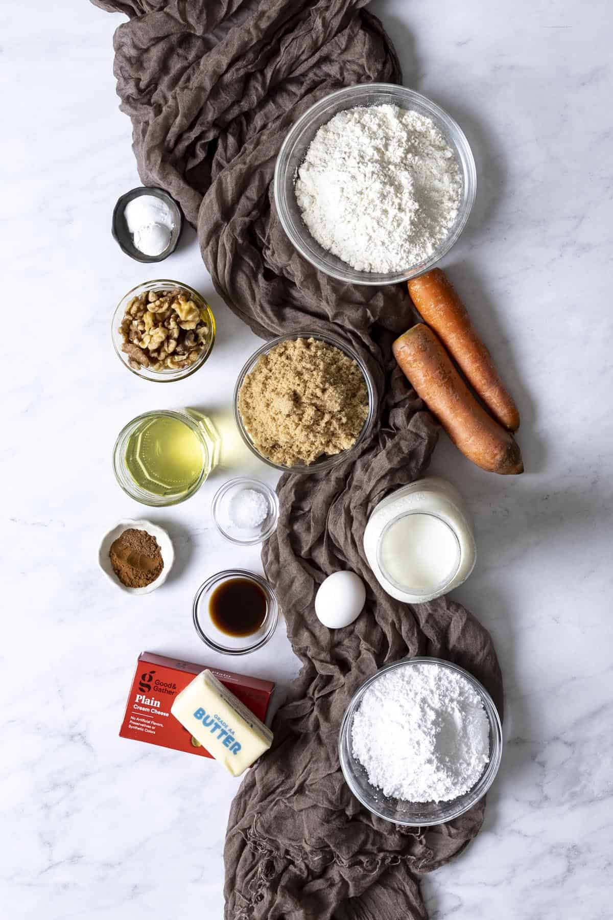 Ingredients for carrot cupcakes and mini carrot cake.