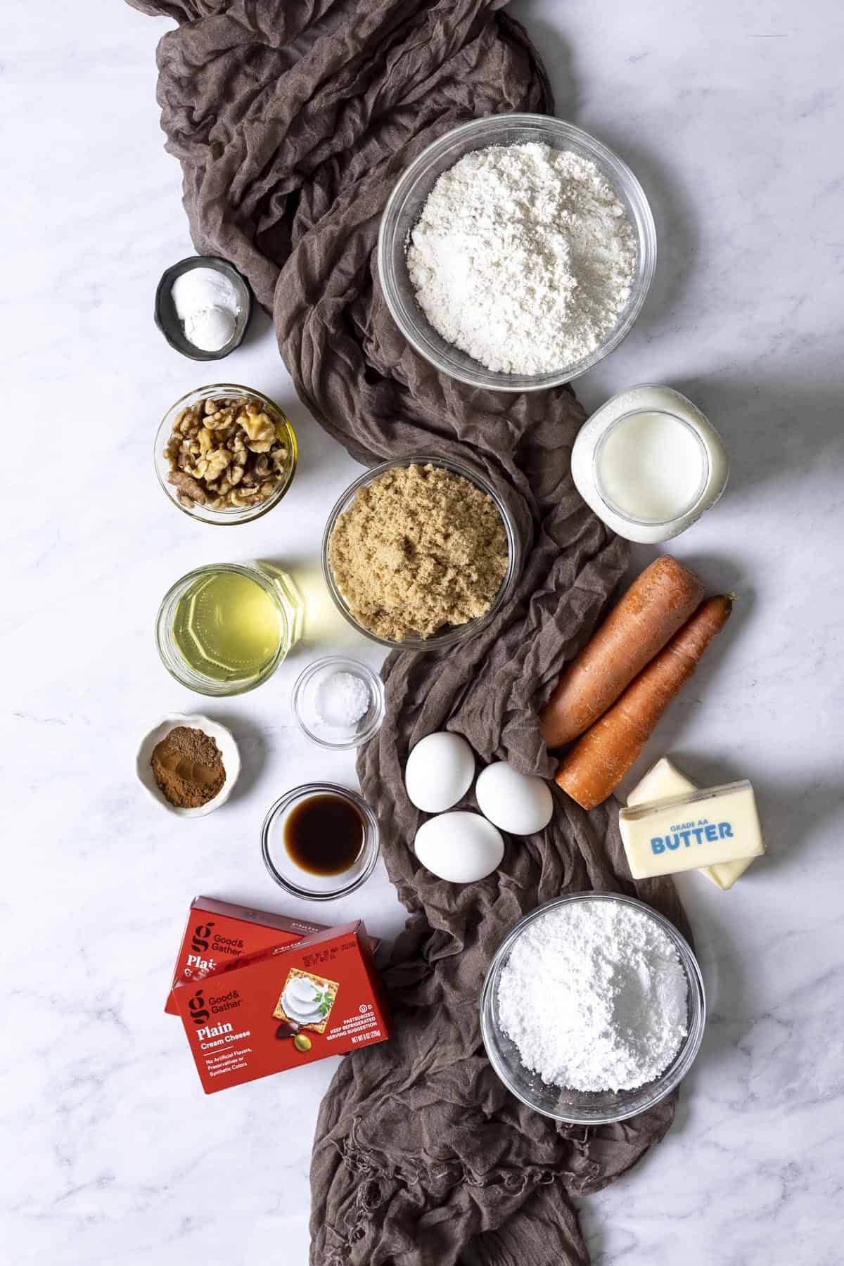 Ingredients for easy carrot cake.